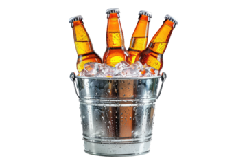 Cold bottle of bear in a bucket with ice isolated on transparent background