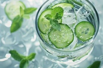 Photograph a close-up of cucumber mint water in a clear glass with ice