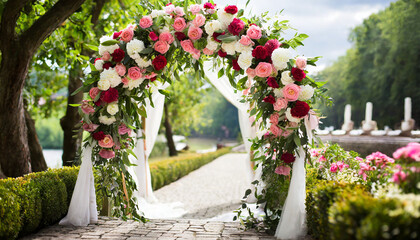 Wedding flowers arch in a garden, holiday event decoration