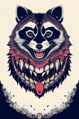 Obraz premium illustration, cartoon, t-shirt design, angry raccoon, rabid, vector style, showing teeth, mascot, vibrant colors, fur, Fierce, Menacing, Aggressive, Stripes, Claws, Wild, Animal, Character, Bold
