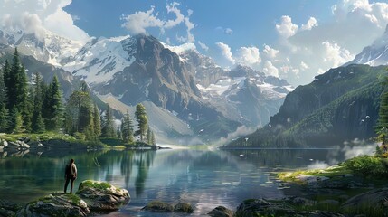 A nature lover character is depicted exploring a pristine wilderness, marveling at the beauty of nature and advocating for its protection and preservation.