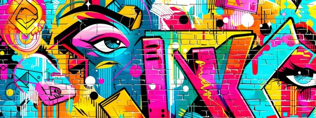 A vibrant, street art background with bold graffiti and urban elements.