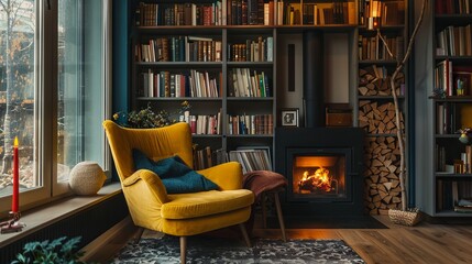 Yellow armchair sits next to fireplace.