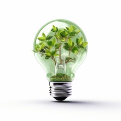 Light bulb with green plant inside isolated on white background