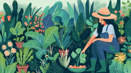 An eco-friendly gardening enthusiast is portrayed tending to a vibrant garden filled with native plants, organic vegetables, and pollinator-friendly flowers, promoting sustainable gardening practices