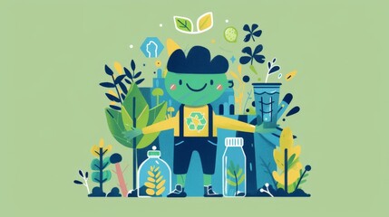 Fototapeta premium An Eco-friendly illustration character stands proudly, adorned with symbols of sustainability such as a green leaf badge and a reusable water bottle, representing a commitment to environmental