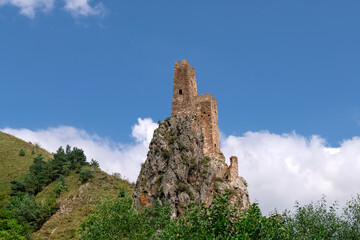 The complex of Ingush defense watchtowers Vovnushki. Guloikhi gorge. The Republic of Ingushetia....