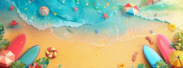 A vibrant, summer beach party background with umbrellas, surfboards, and festive elements.