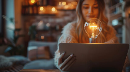 Photo realistic of a woman with light bulb and laptop, symbolizing the integration of new ideas into her work in Photo Stock Concept