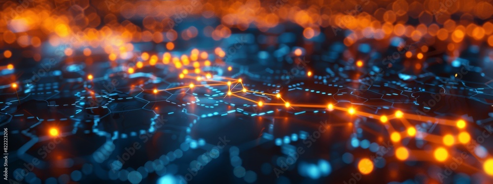 Poster a visual representation of a blockchain network, with interconnected nodes, digital currency symbols