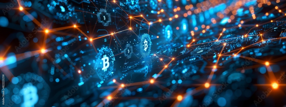 Poster a visual representation of a blockchain network, with interconnected nodes, digital currency symbols