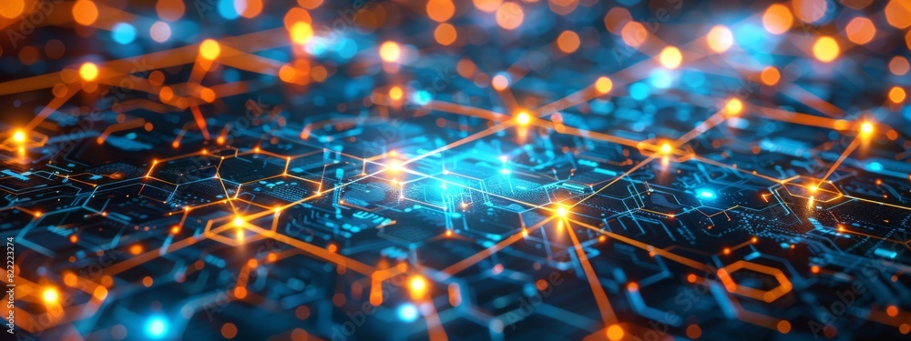 Poster a visual representation of a blockchain network, with interconnected nodes, digital currency symbols