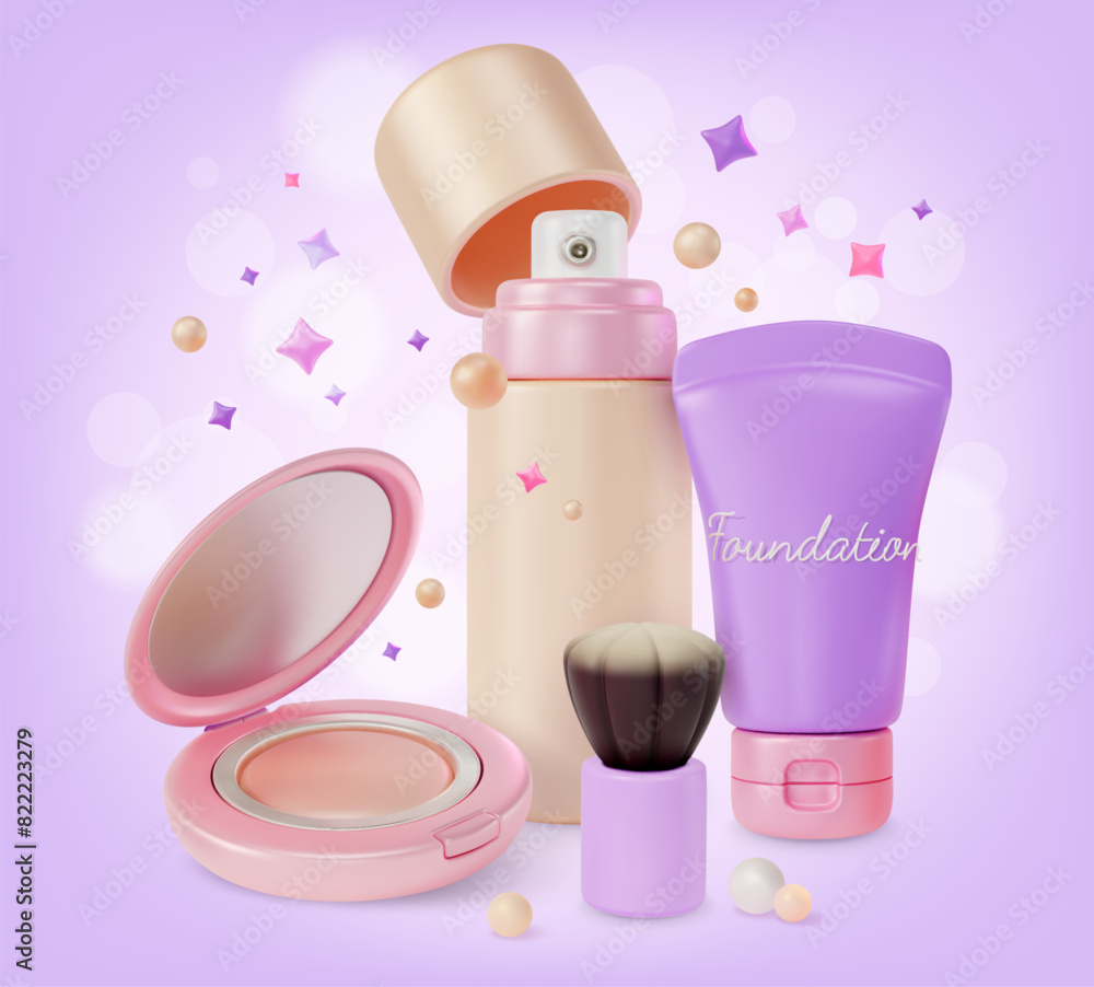 Sticker 3d Beauty Collection Makeup Cosmetic Product Concept Background Cartoon Design Style. Vector illustration of Perfect Coverage Elements