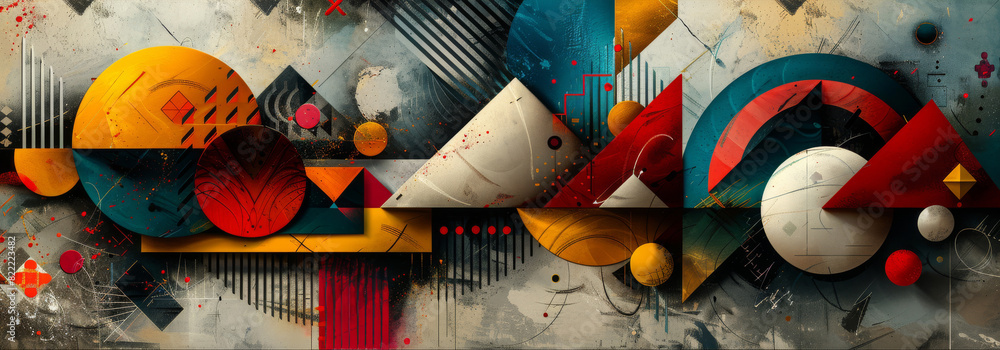 Poster a visually striking abstract composition with geometric shapes, bold colors, and dynamic patterns.