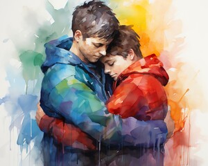 Watercolor painting of two people embracing, symbolizing comfort and love with vivid colors in the background.