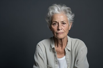 Gray background sad European white Woman grandmother realistic person portrait of young beautiful bad mood expression Woman Isolated Background