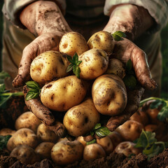 Organic vegetables. farmer holding potatoes in hands on harvest field