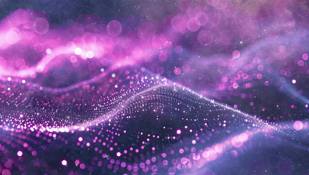 Digital purple particles wave and light abstract background with shining particles