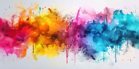 Fototapeta premium Colorful watercolor splash paint background, colorful splashes and paint drips on a white background, watercolor stain with paint splatter, banner,abstract color ink explosion