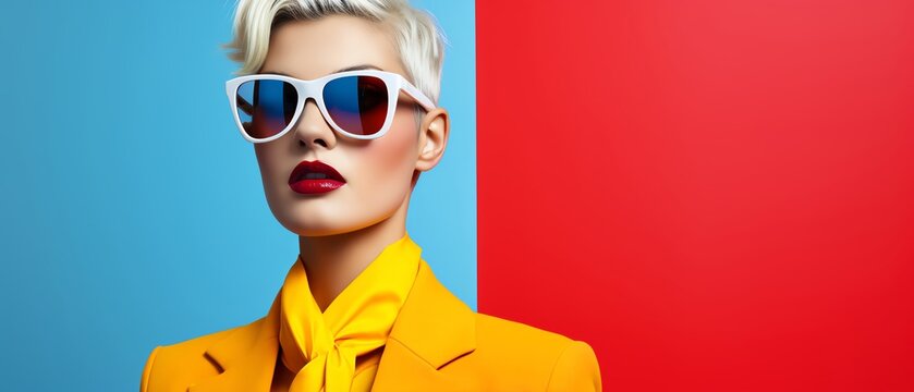 Fashionable woman with short blonde hair, white sunglasses, red lipstick, and bright yellow blazer, posing against blue and red backgrounds.