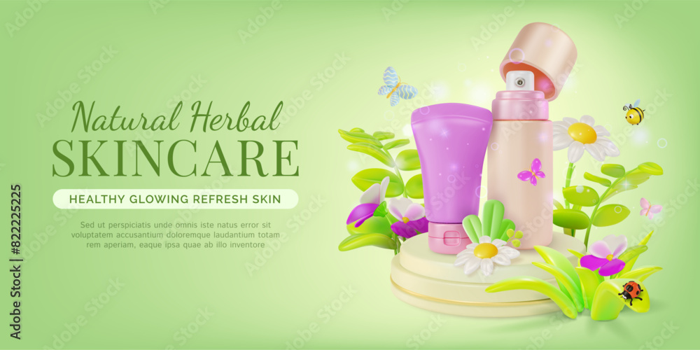 Poster 3d Natural Herbal Skin Care Cosmetic Product on a Podium Platform Stage Concept Ads Banner Poster Card. Vector illustration