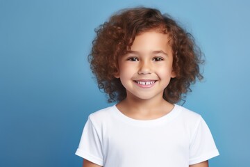 Indigo background Happy european white child realistic person portrait of young beautiful Smiling child Isolated on Background Banner with copyspace blank 