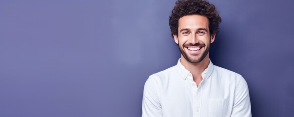 Indigo background Happy european white man realistic person portrait of young beautiful Smiling man good mood Isolated on Background Banner 