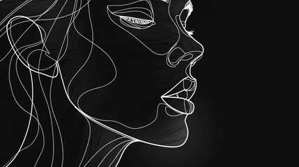 Abstract aesthetic linear drawing of woman face on dark background with free place for text