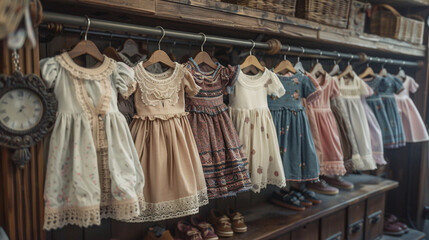 Classic baby dress display, peter pan collar, vintage-inspired shop.