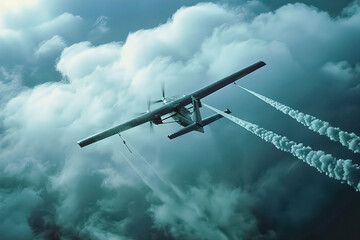 Aircraft equipped with cloud seeding equipment, weather modification operations.