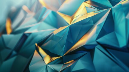 This image features a 3D illustration of an abstract blue and gold polygonal surface, suggesting concepts of luxury and modernity