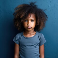 Indigo background sad black American African child Portrait of young beautiful kid Isolated Background racism skin color depression anxiety fear burn out 