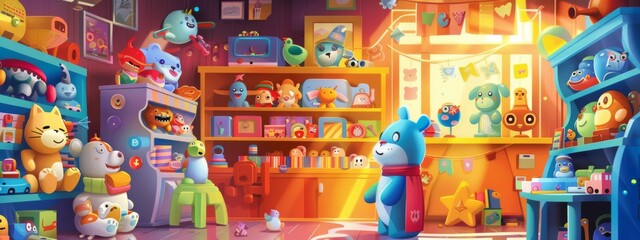 A whimsical, toy store background with colorful shelves and playful characters.