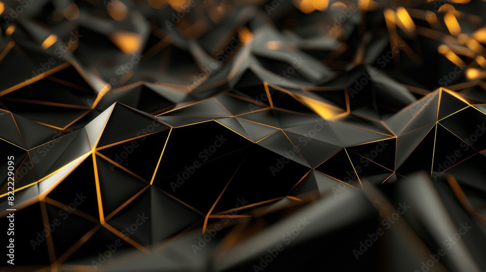 Poster 3d render of a chaotic scattering of black and gold polygons creating a textured surface with depth 