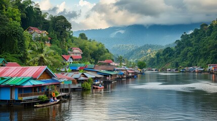 Obraz premium Scenic River with Colorful Floating Houses