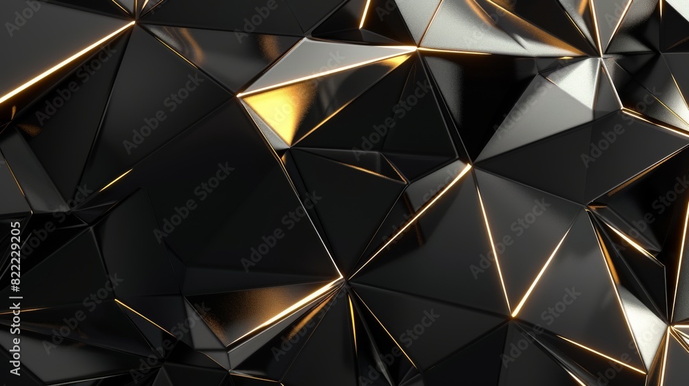 Poster this image presents a modern abstract geometric 3d art with reflective black surfaces highlighted by