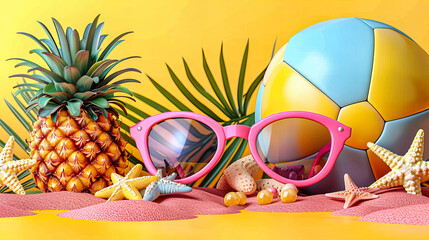 Trendy Beach Scene with Sunglasses and Pineapple, Fashion Meets Summer Tropics