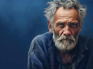 Indigo background sad european white man grandfather realistic person portrait older person beautiful bad mood old man Isolated on Background 