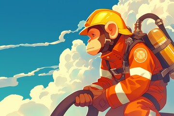 cartoon illustration, a firefighter monkey