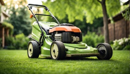 A lawnmower sits on green grass in a yard.

