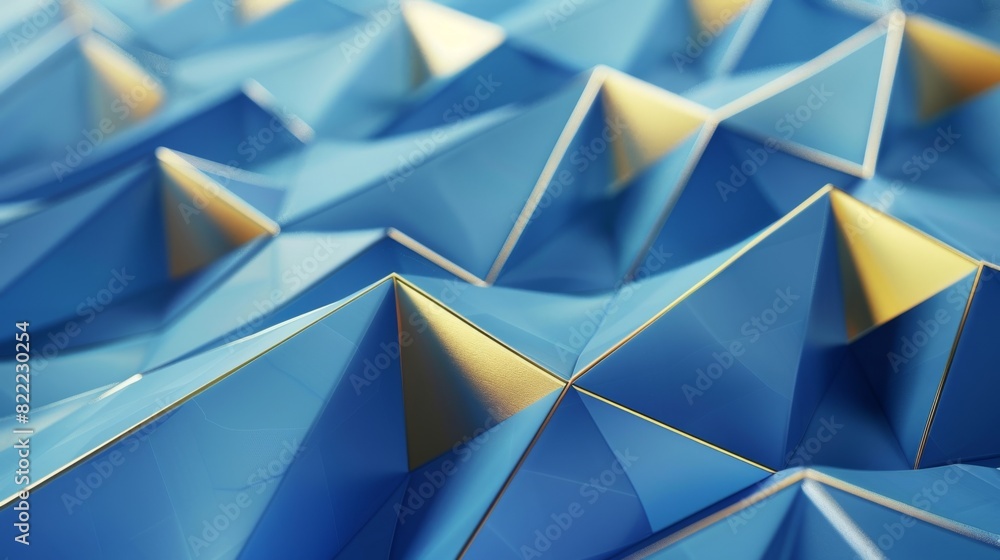 Poster the image showcases an array of abstract triangular shapes in shades of blue with gold edges, presen