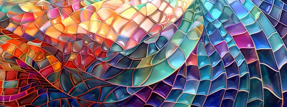 Poster an abstract, geometric mosaic background with colorful tiles and dynamic patterns.