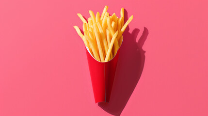 Crispy French fries in red packaging against a pink background