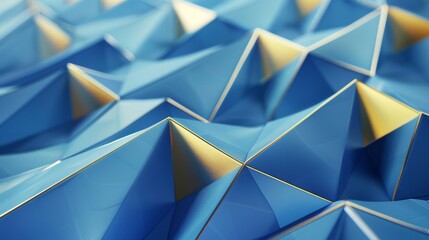 The image showcases an array of abstract triangular shapes in shades of blue with gold edges, presenting a modern, geometric pattern