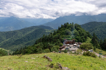 The alpine cafe of the Legend of the mountains. Caucasus Mountains in Ingushetia, Russia