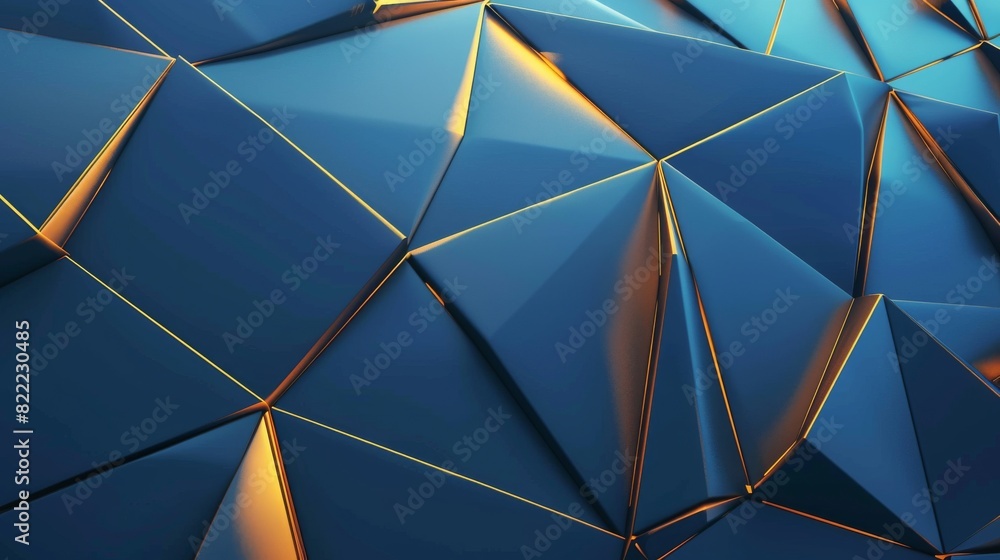 Poster this image shows a 3d rendering of geometric shapes with a metallic blue texture and golden edges, c
