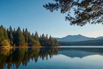 Beautiful view on the lake in autumn, morning view of pine forest, beautiful sky reflection, mountains background