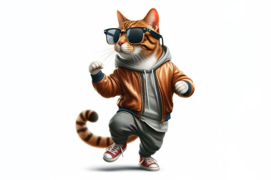 stylish cat wearing sunglasses and a jacket, dancing Isolated on white background