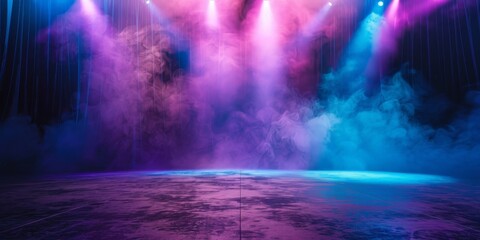 Fototapeta premium empty stage with purple blue neon light rays, empty dark room with neon light, Dark stage backdrop with purple blue spotlight effect decoration , empty theatre,empty room for display products