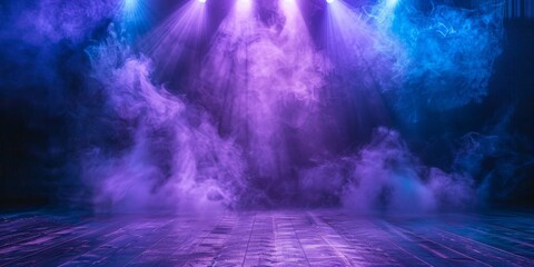 Fototapeta premium empty stage with purple blue neon light rays, empty dark room with neon light, Dark stage backdrop with purple blue spotlight effect decoration , empty theatre,empty room for display products